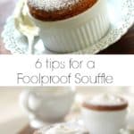 collage of two chocolate souffles in a white ramekin with whipped cream