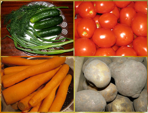 Овощи — огурцы, зелёный лук, укроп, помидоры, морковь, картофель